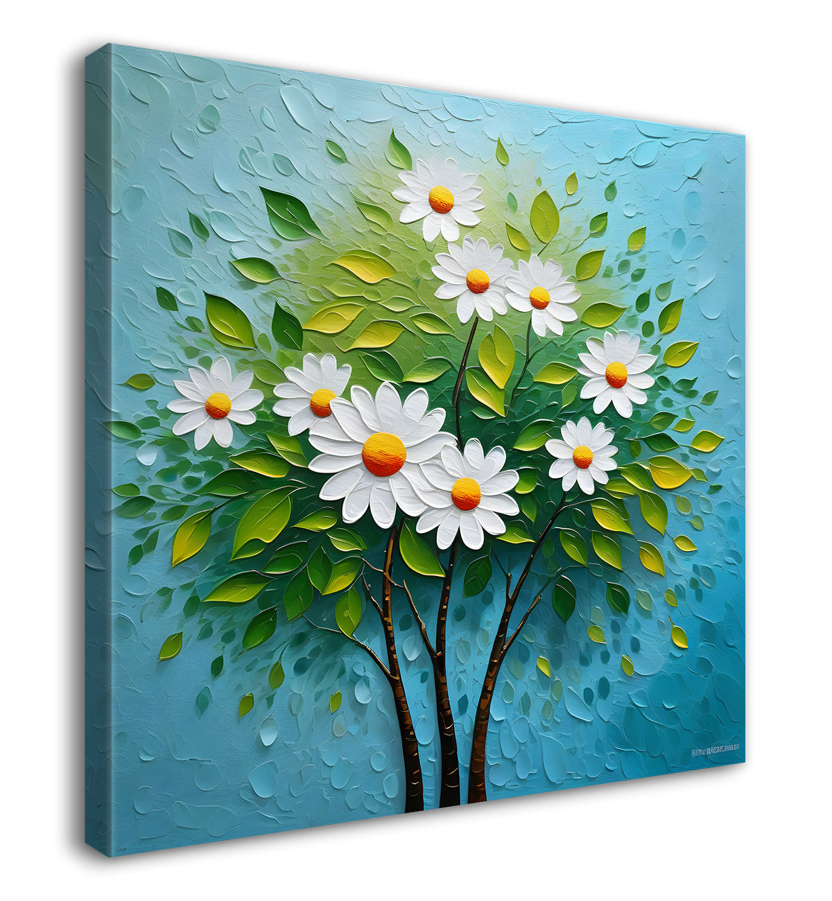 White flowers with blue textured painting - Flower-S-607