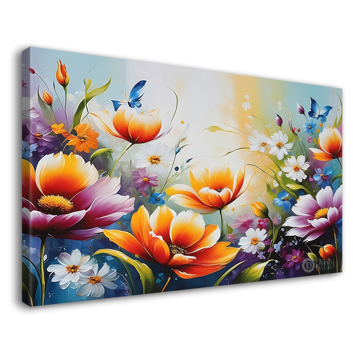 Colorful flowers in blue background canvas painting- Flower-608