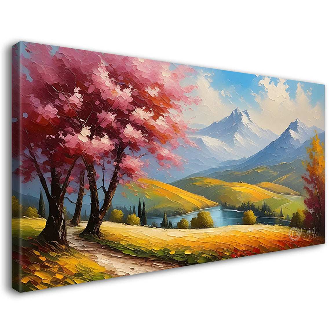 Mountains with pink trees painting Canvas Painting - Nature Art -609