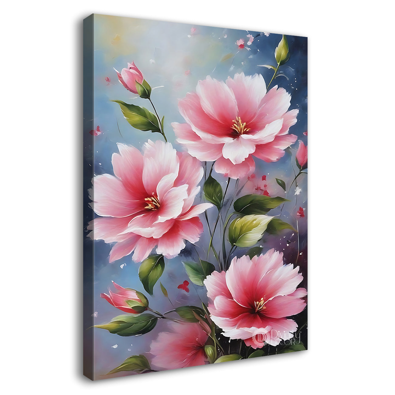 Pink flowers in grey textured painting- Flower-V-609