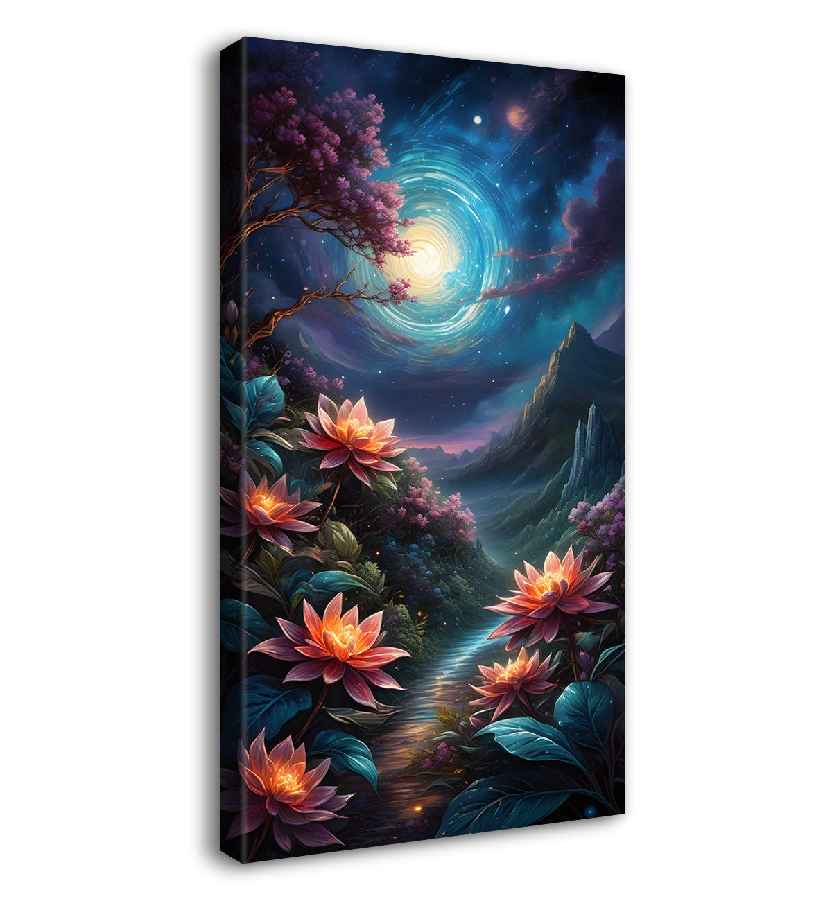 Beautiful flowers with mountians in night with moon textured painting Canvas Painting - Nature Art -V-60