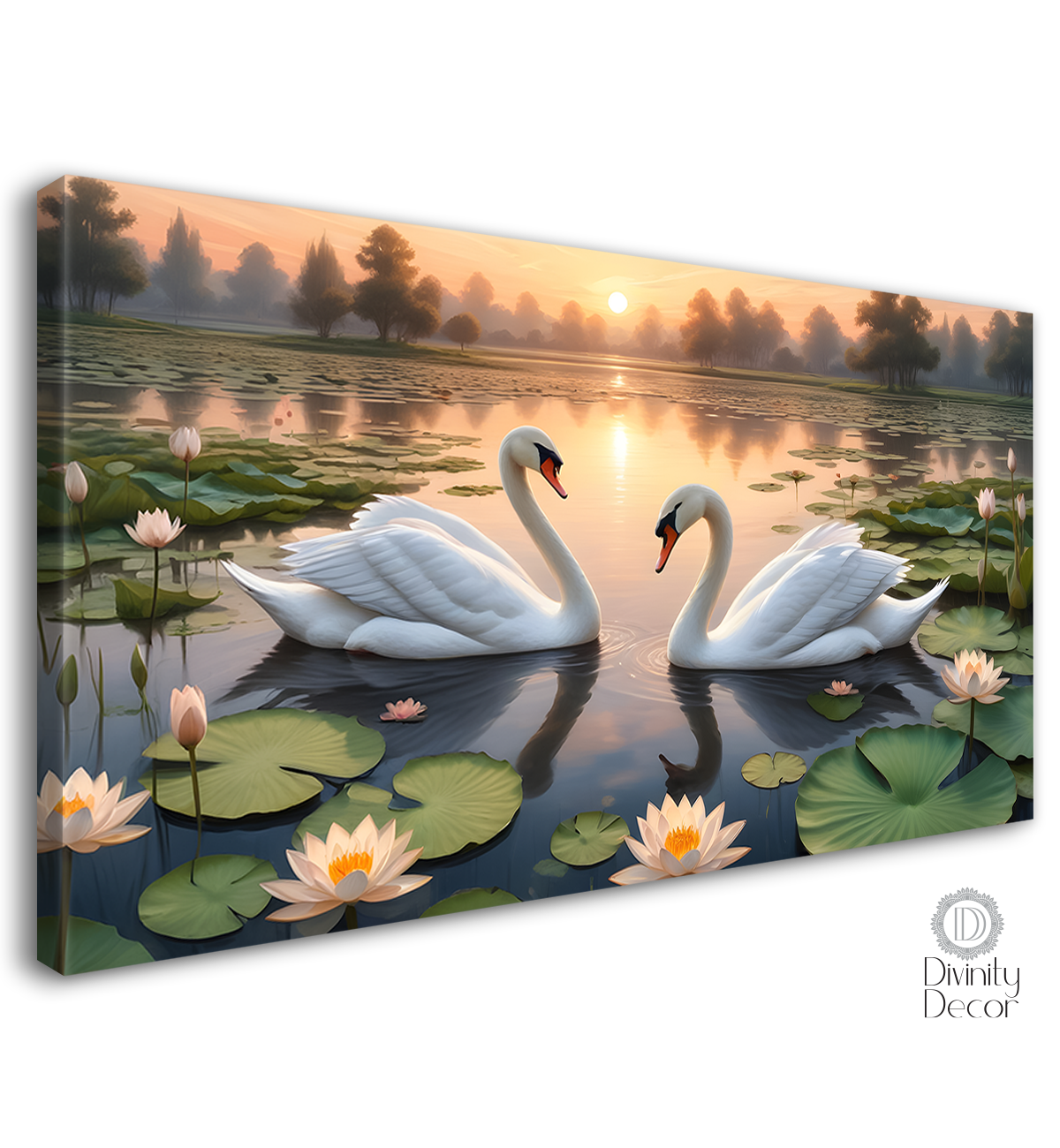 Two swans in the pond with lotus and sunrise textured art. - Design - Animal - 60