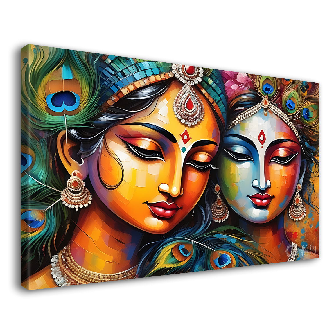 Brown face Krishna and Radha with peacock feathers painting Canvas Painting - Design - Krishna-60