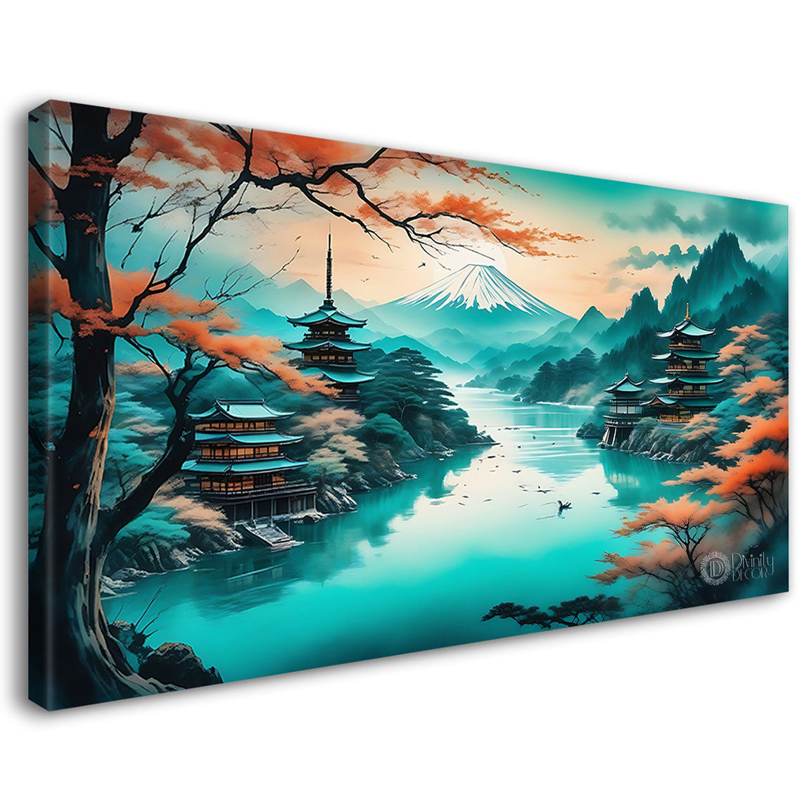 Mountains with orange trees and lake with green textured modern art Canvas Painting - Nature Art -60