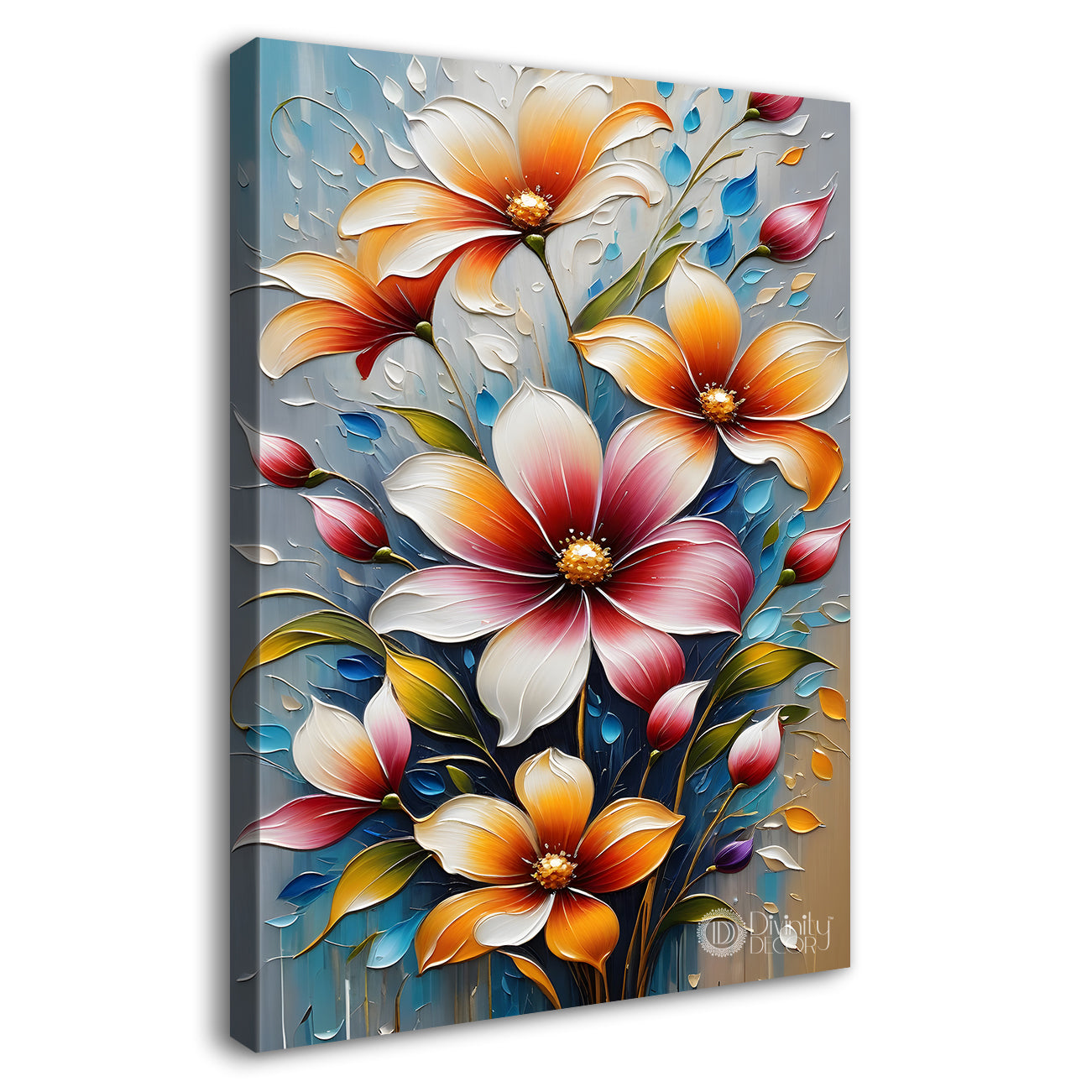 Colourful flowers in blue textured background painting - Flower-V-60