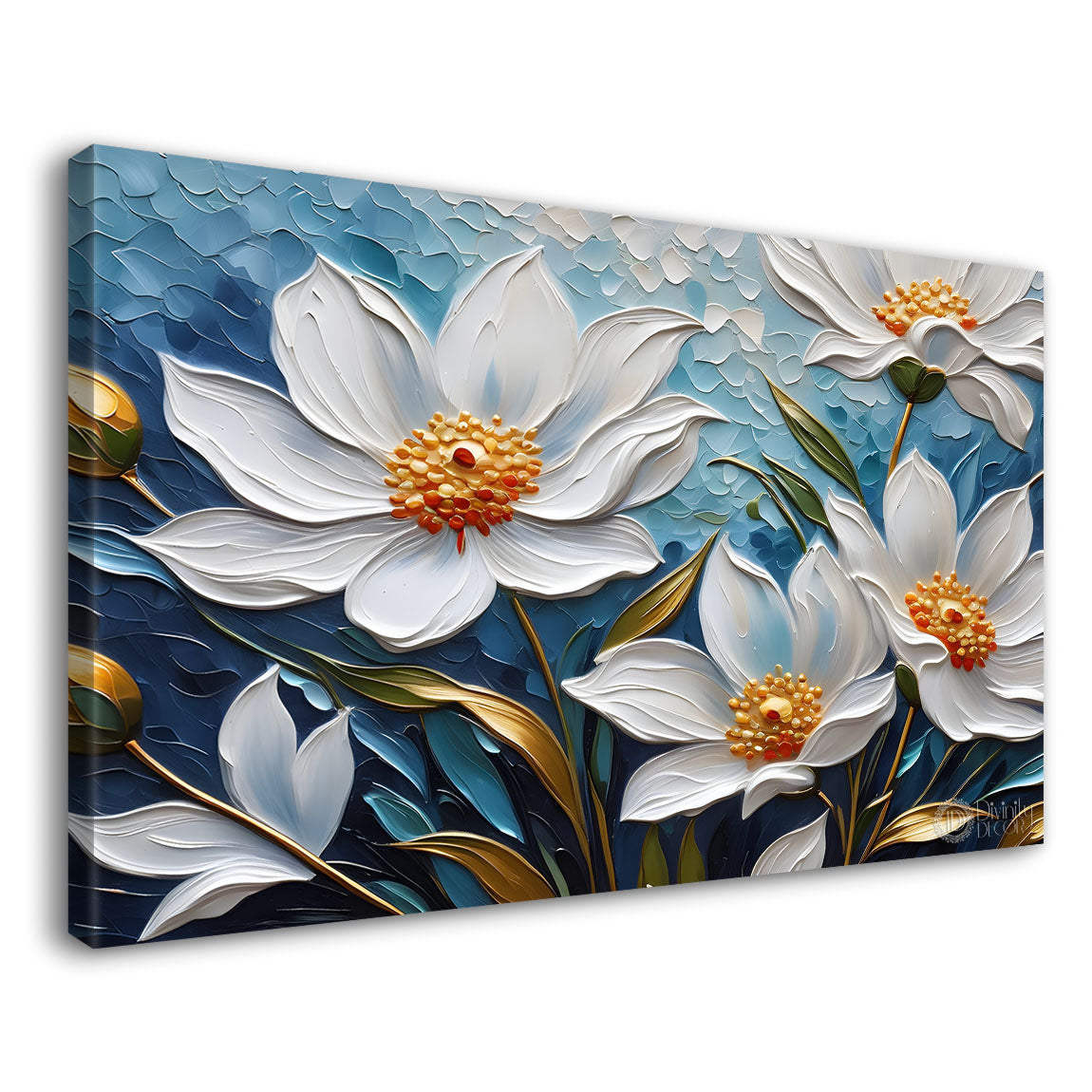 White flowers with blue textured painting- Design - Flower-60