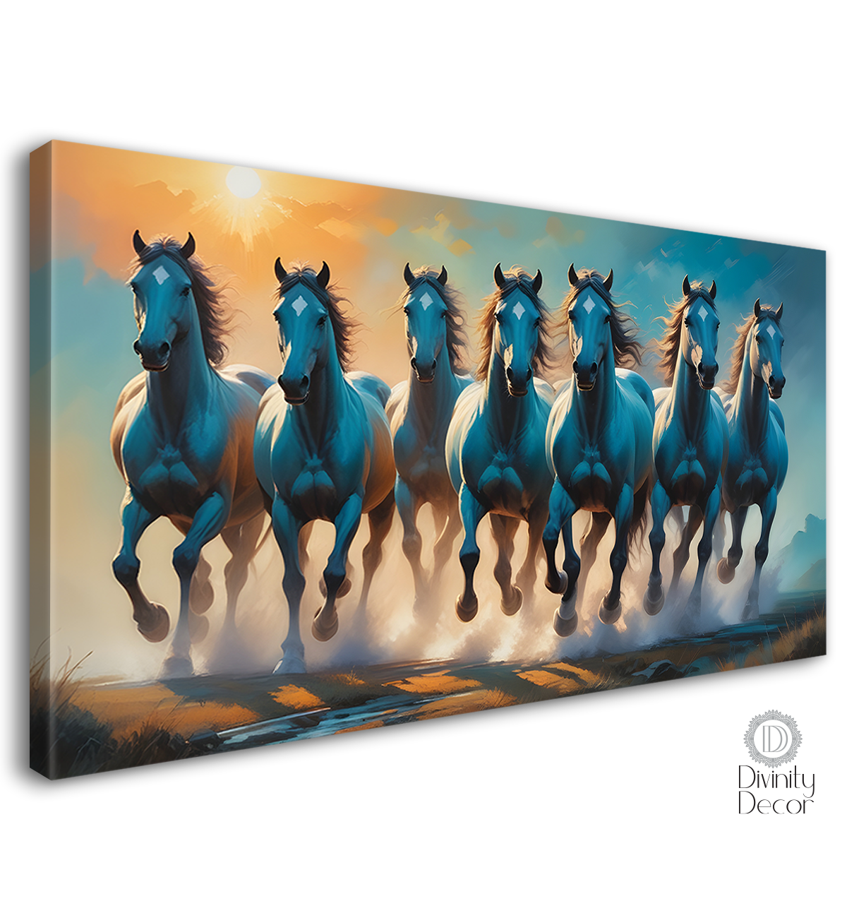 Grey running horses with sunrise and aqua blue textured background art Canvas Painting - Design - Horse-61