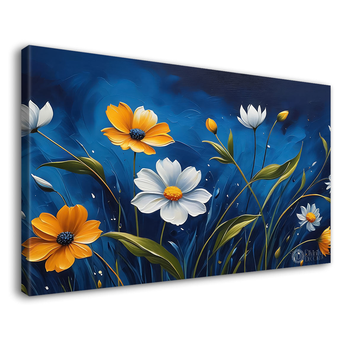 White and yellow flowers in navy blue background canvas painting- Flower-610