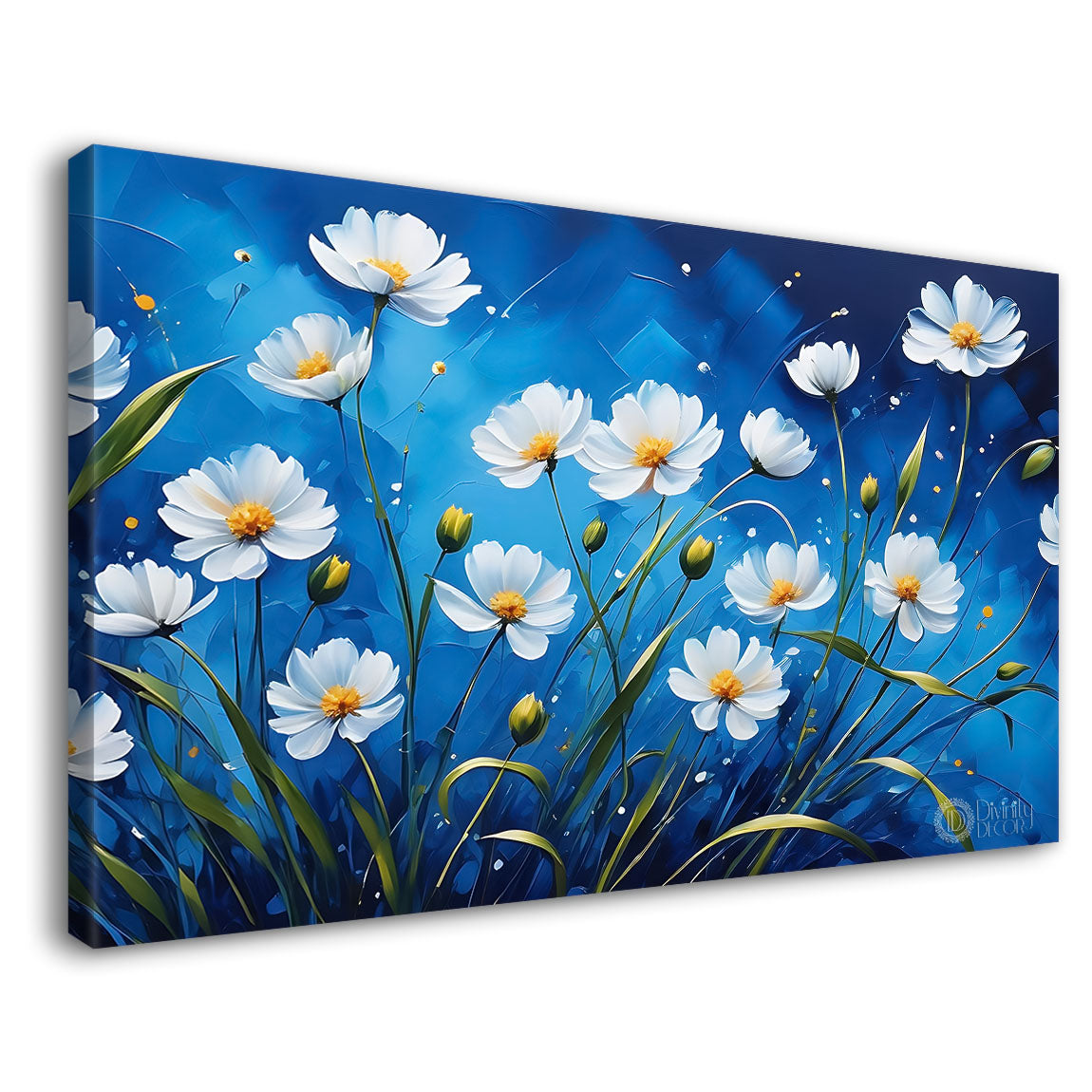 White flowers in blue background canvas painting- Flower-612