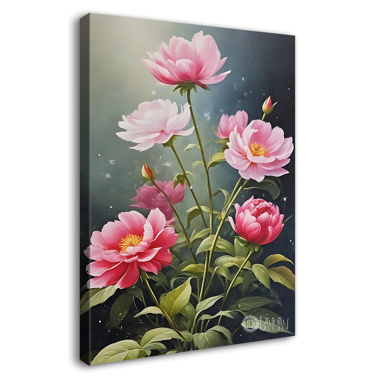 Pink flowers in grey textured painting- Flower-V-613