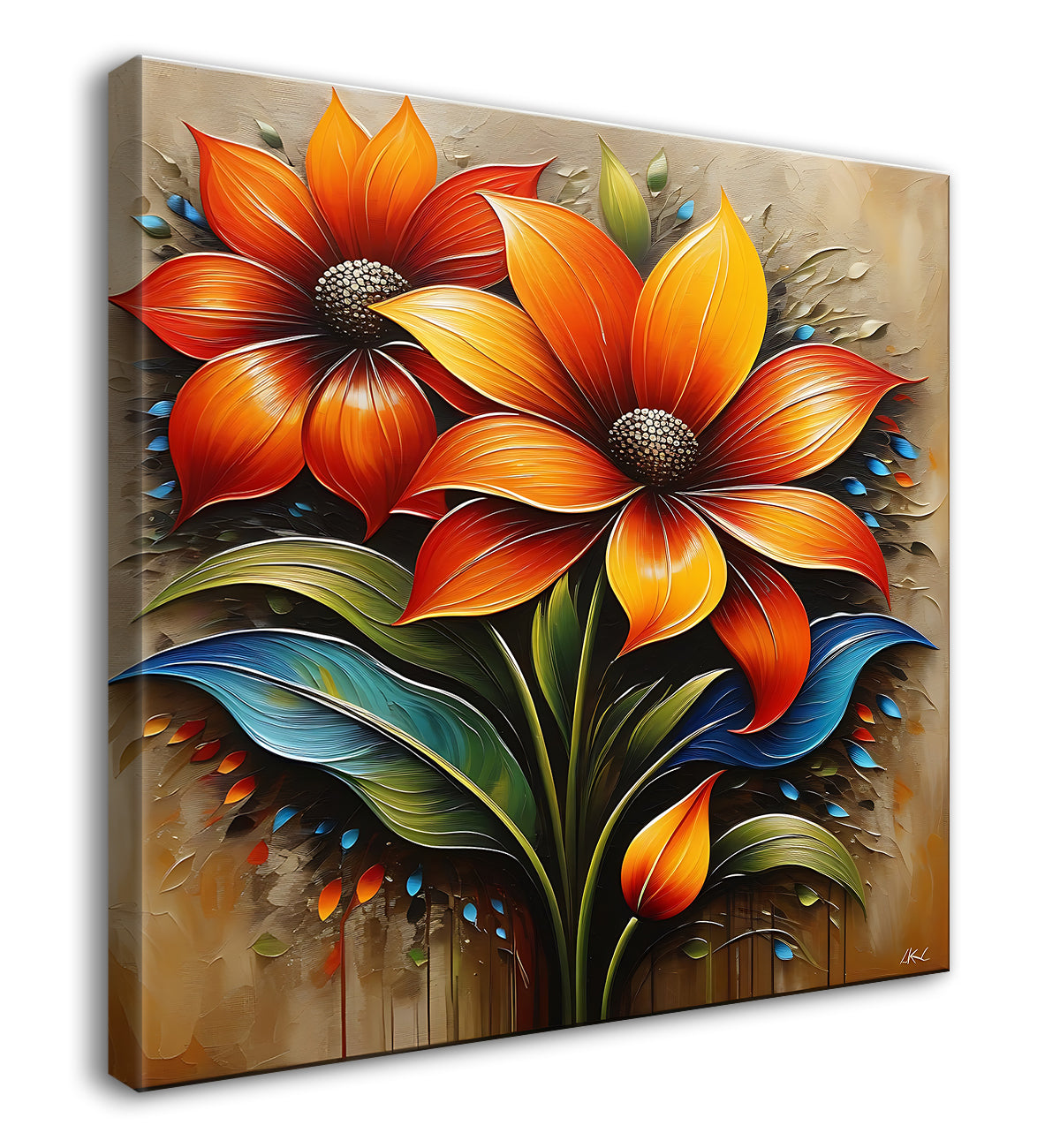 Orange flowers with brown textured painting- Flower-S-613