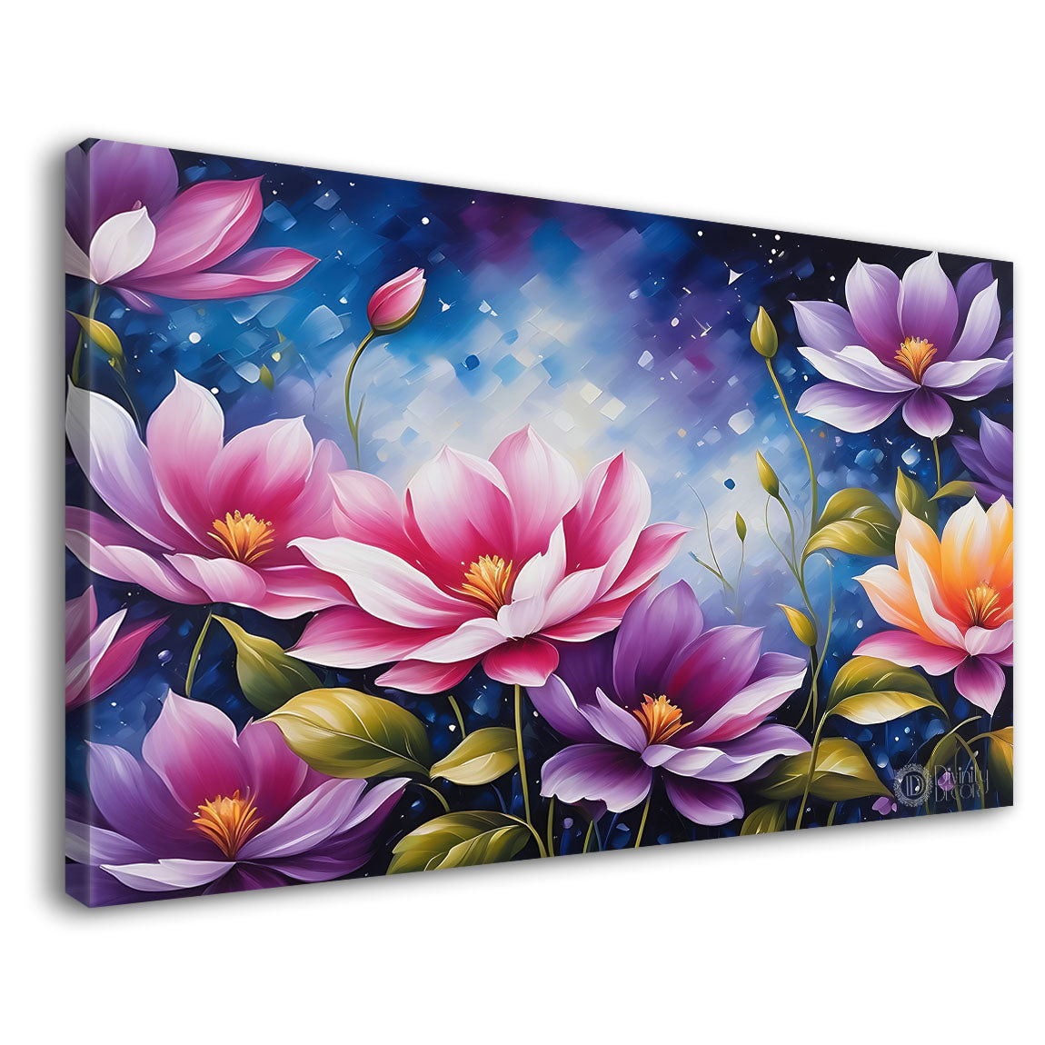 Pink flowers in blue background canvas painting- Flower-616