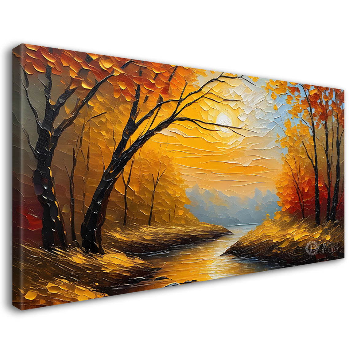 Orange trees with sun and lake painting Canvas Painting - Nature Art -616