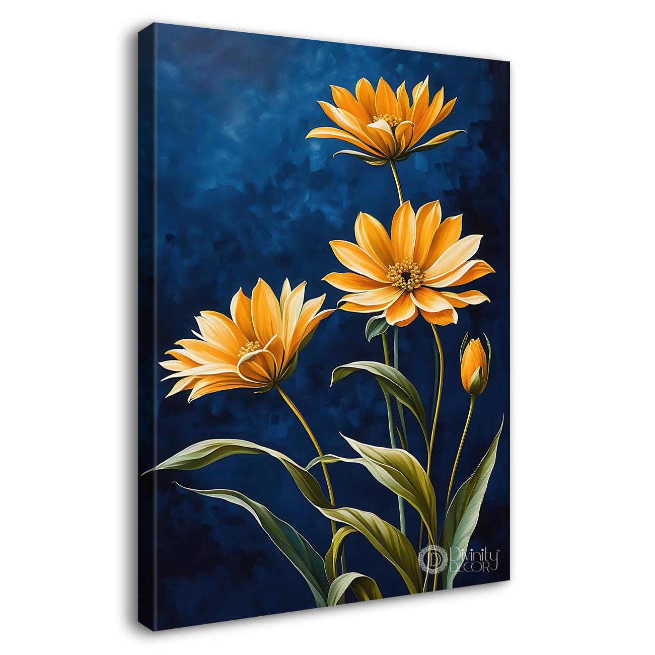 Yellow flowers in navy blue textured painting - Flower-V-616