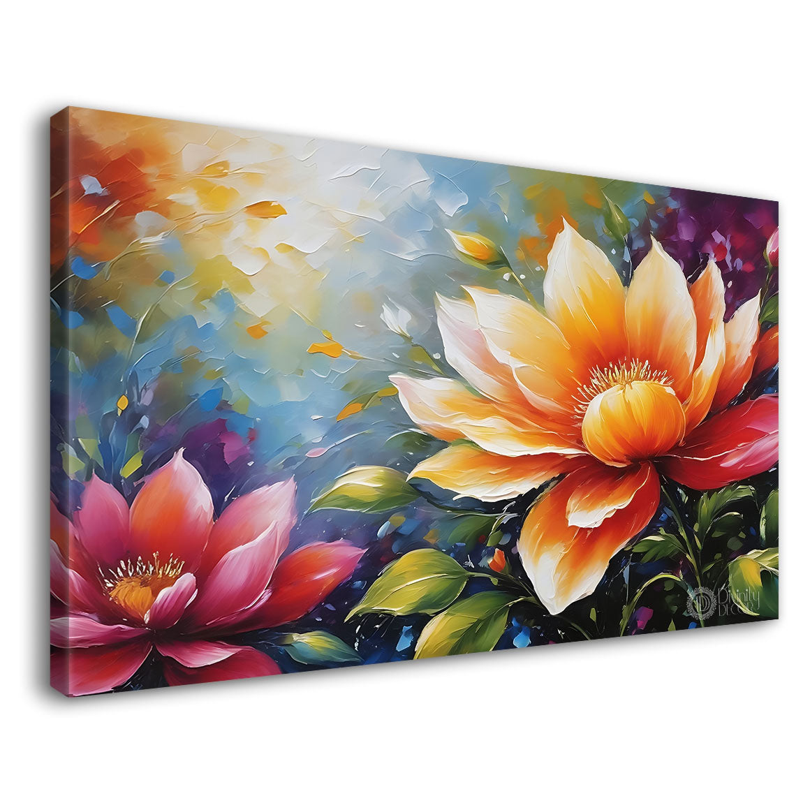 Yellow and pink flowers in blue background canvas painting- Flower-617