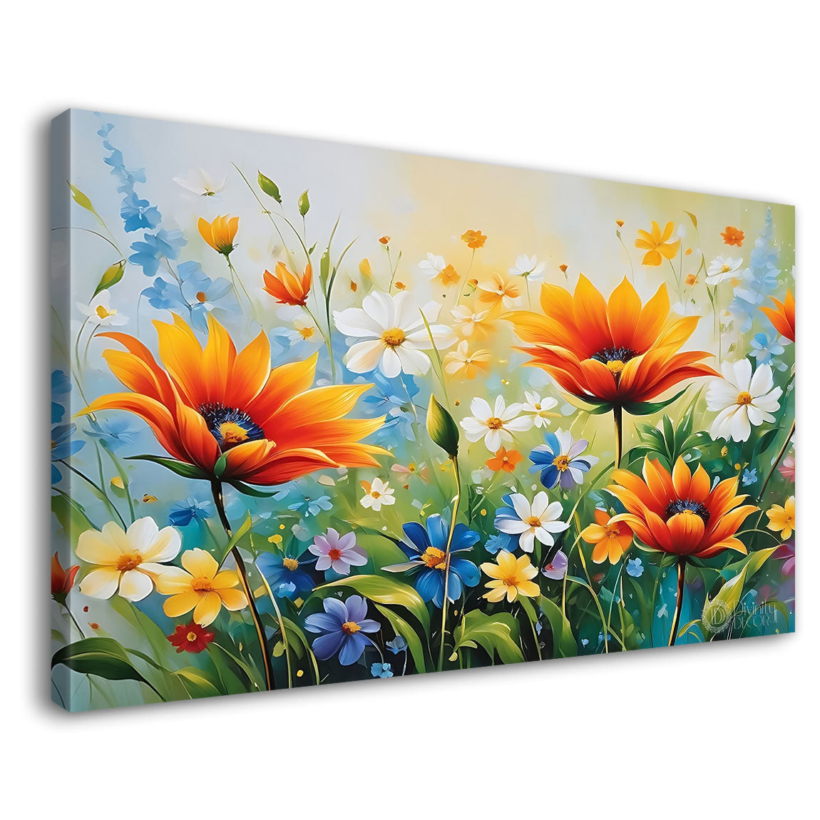 Orange flowers in sky blue background canvas painting- Flower-619