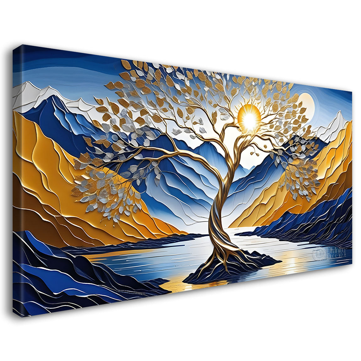 Golden tree in blue textured painting Canvas Painting - Nature Art -619