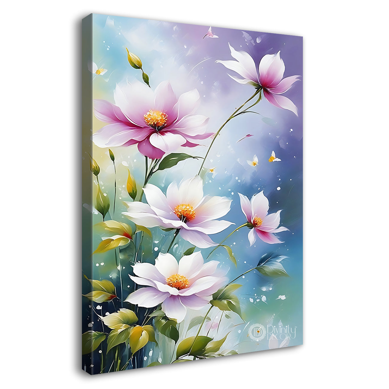 Pink flowers in blue textured background painting - Flower-V-619