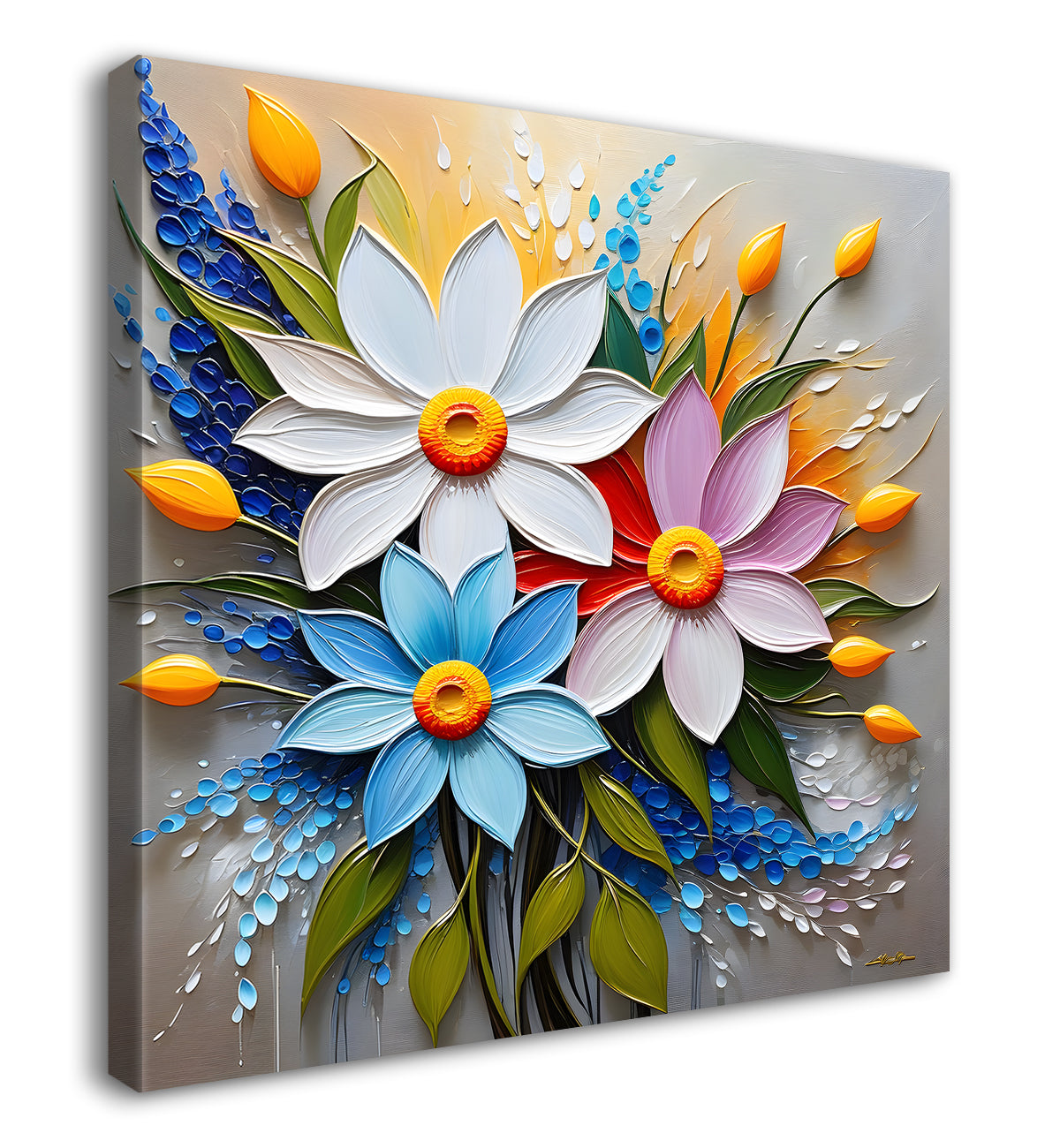 Colourful flowers in grey background textured painting - Flower-S-61