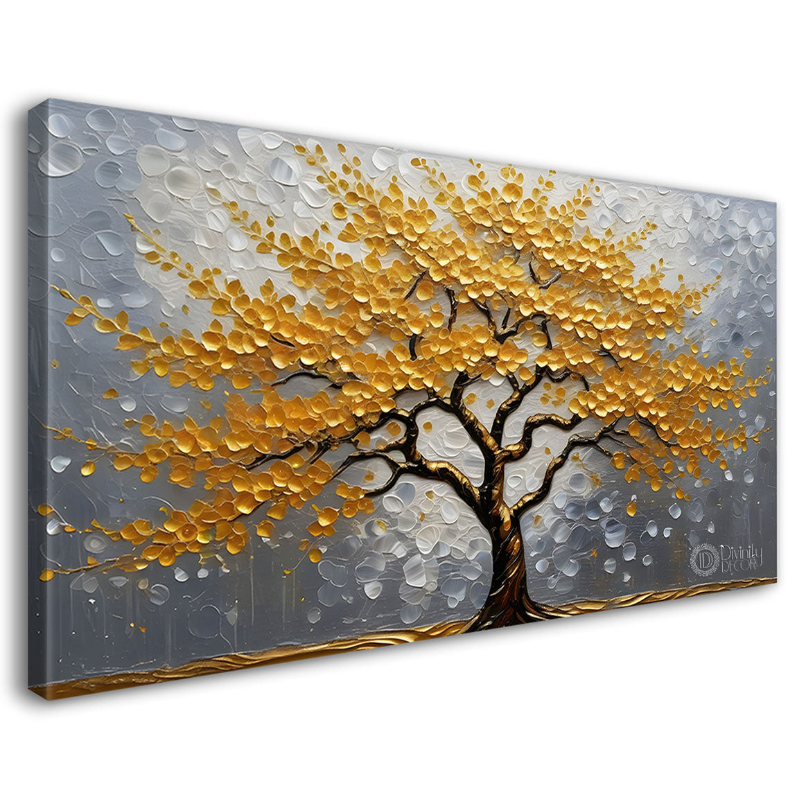 Golden tree in grey textured modern art Canvas Painting - Design - Tree-61