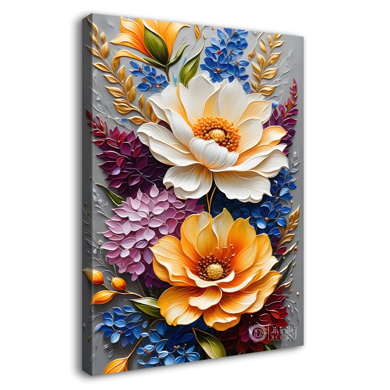 Colourful flowers in blue textured background painting - Flower-V-61