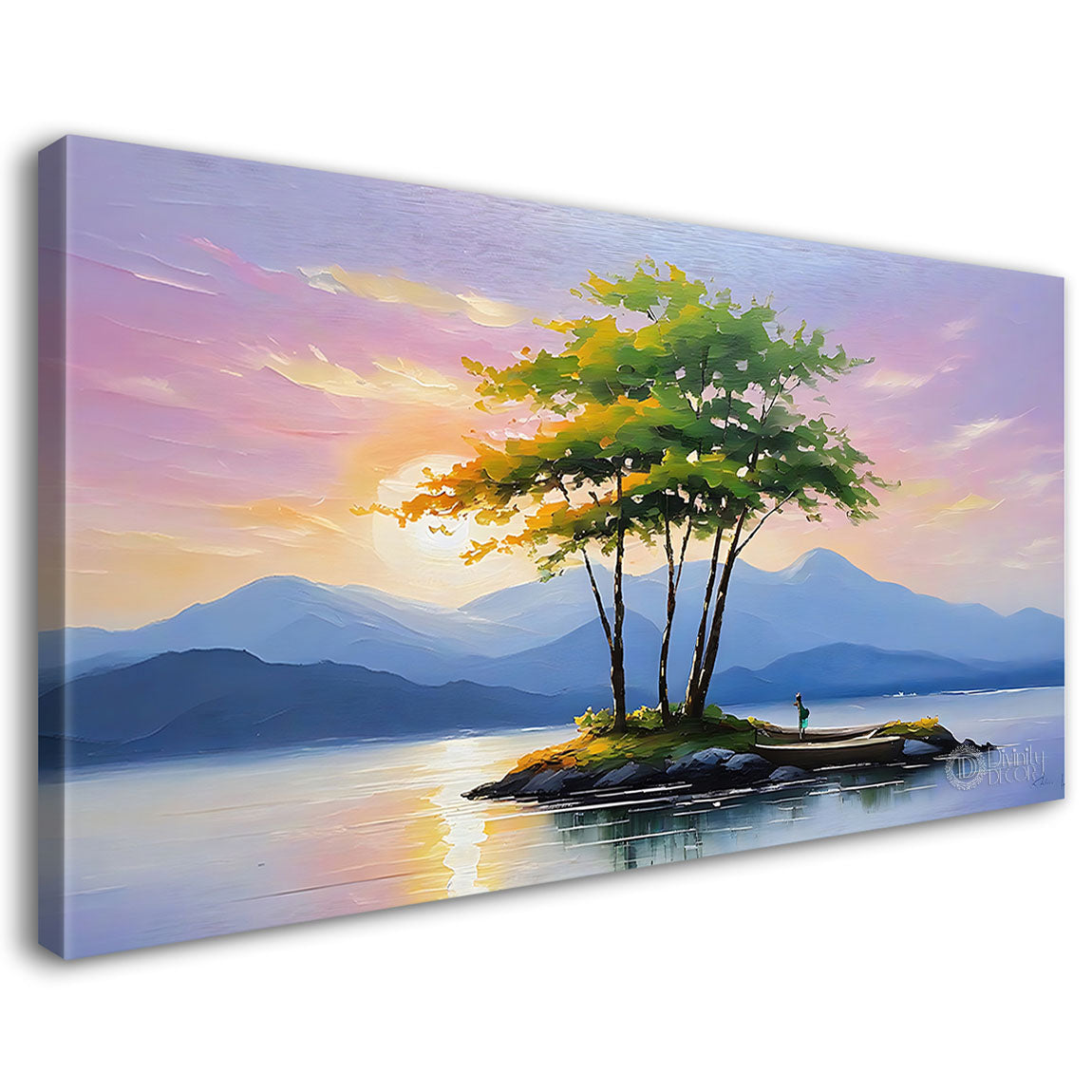 Mountains with tree in pink sky in textured natural art Canvas Painting - Nature Art -61