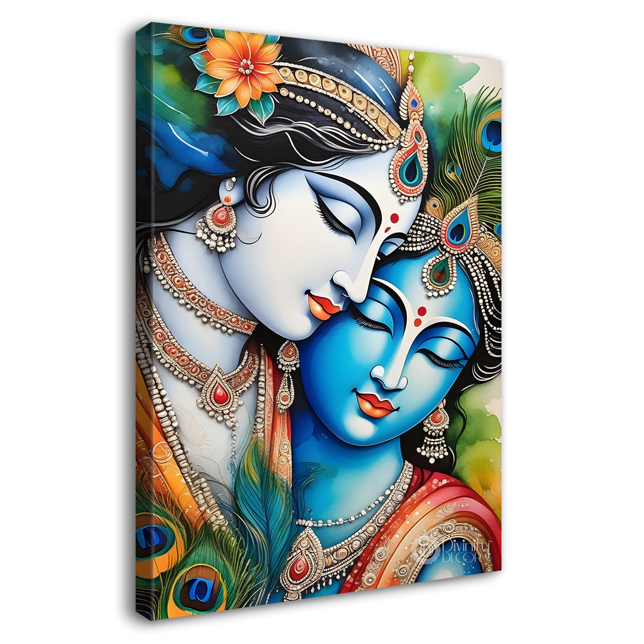 Blue face of krishna with radha in grey and light brown water colour textured art Canvas Painting - Design - Krishna-V-61