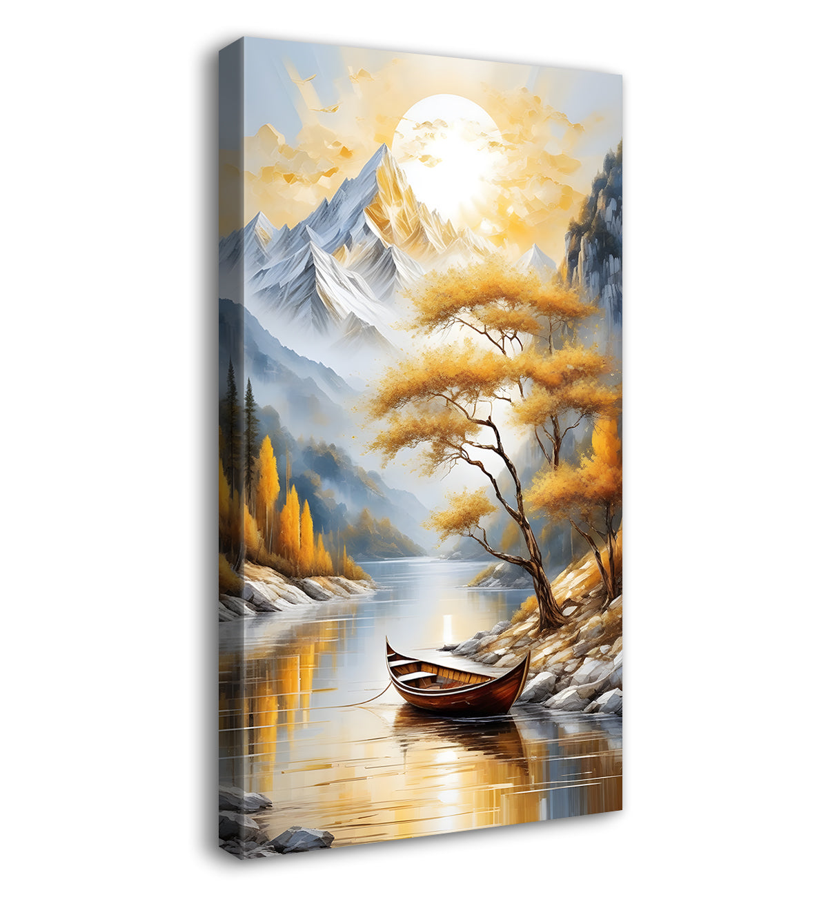 Golden trees with lake and white mountains textured painting Canvas Painting - Nature Art -V-61