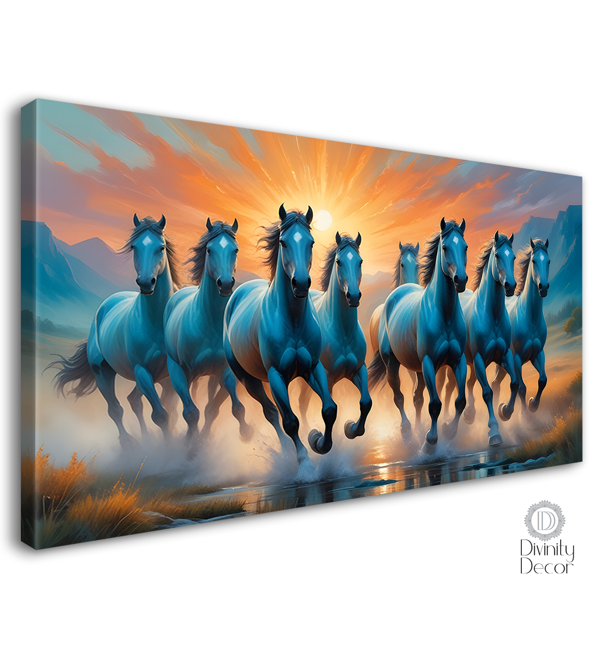 Grey running horses with sunrise and aqua blue textured background art Canvas Painting - Design - Horse-62