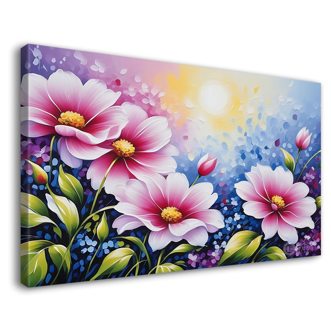 Pink flowers in sky blue background canvas painting- Flower-621