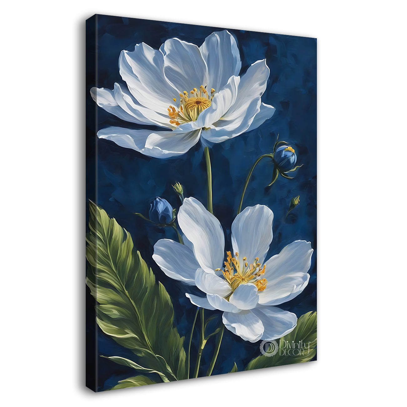 White flowers in blue textured painting - Flower-V-621