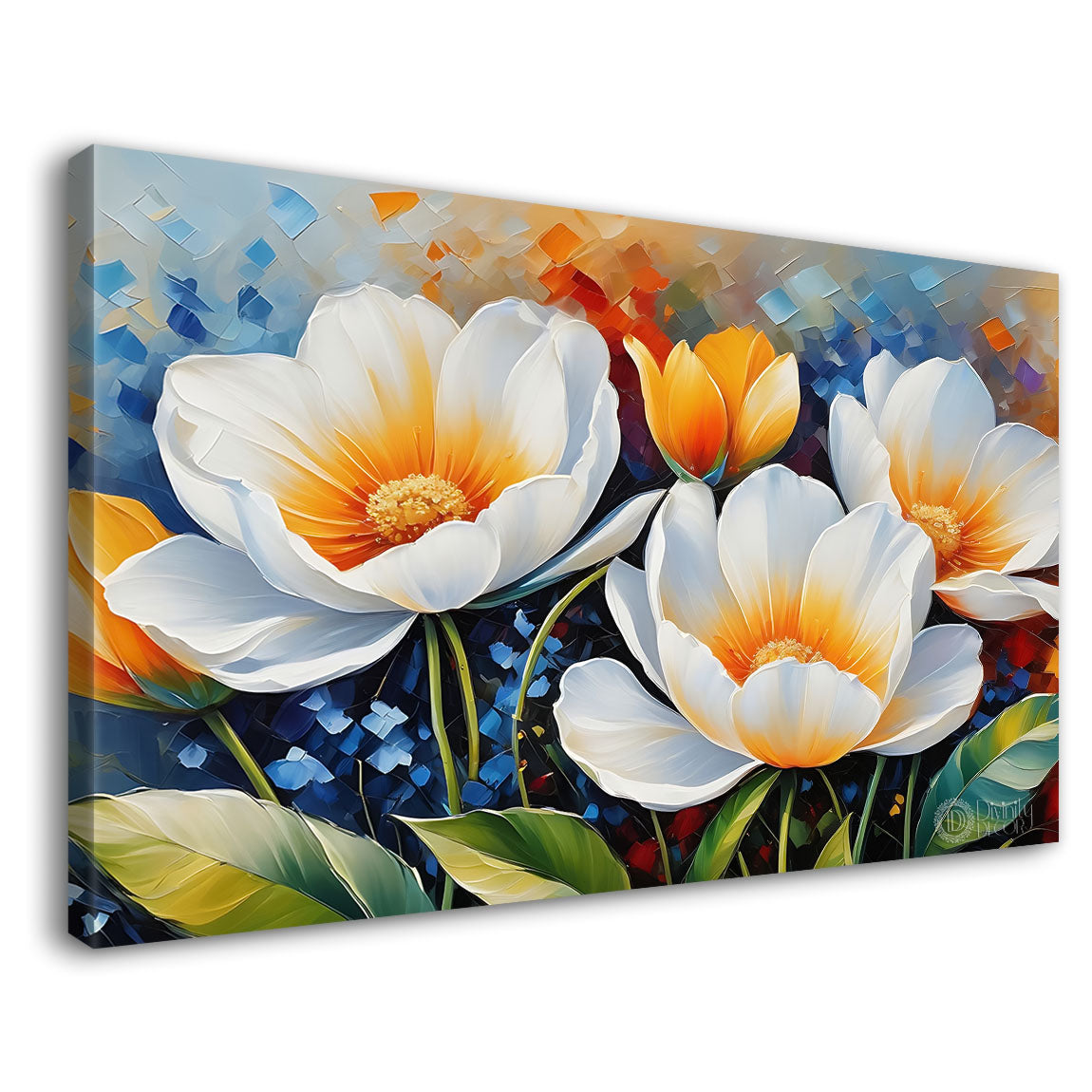 White flowers in blue background canvas painting- Flower-622