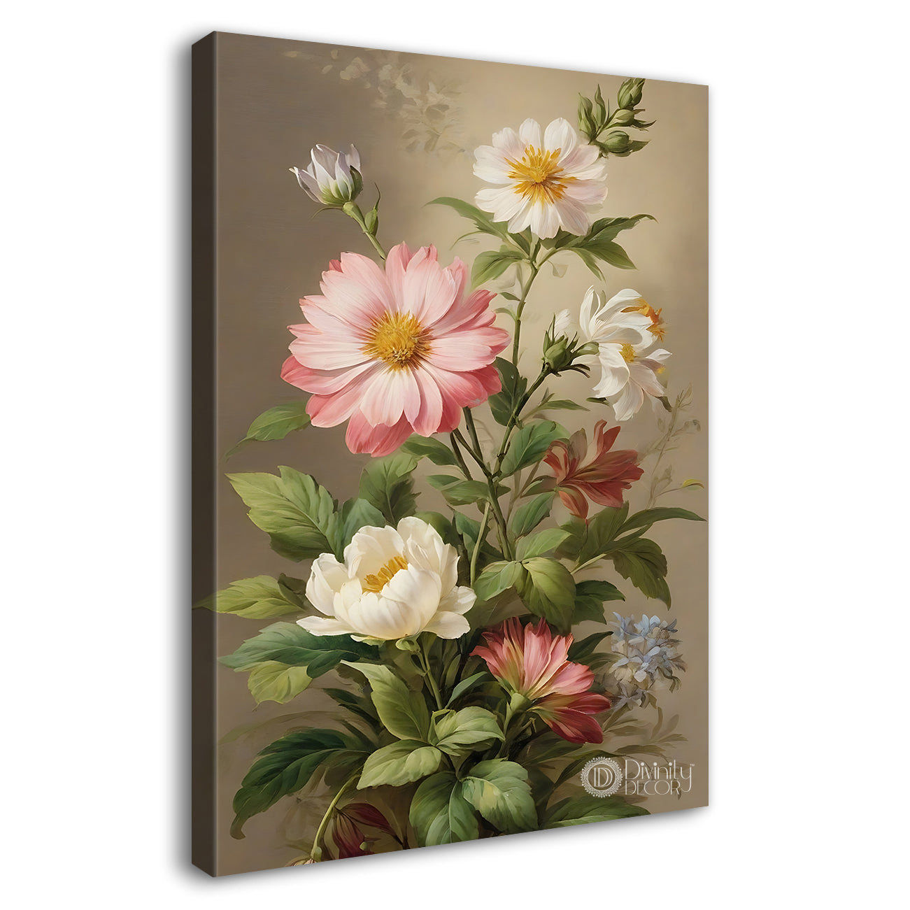 White and pink flowers in light textured painting - Flower-V-622
