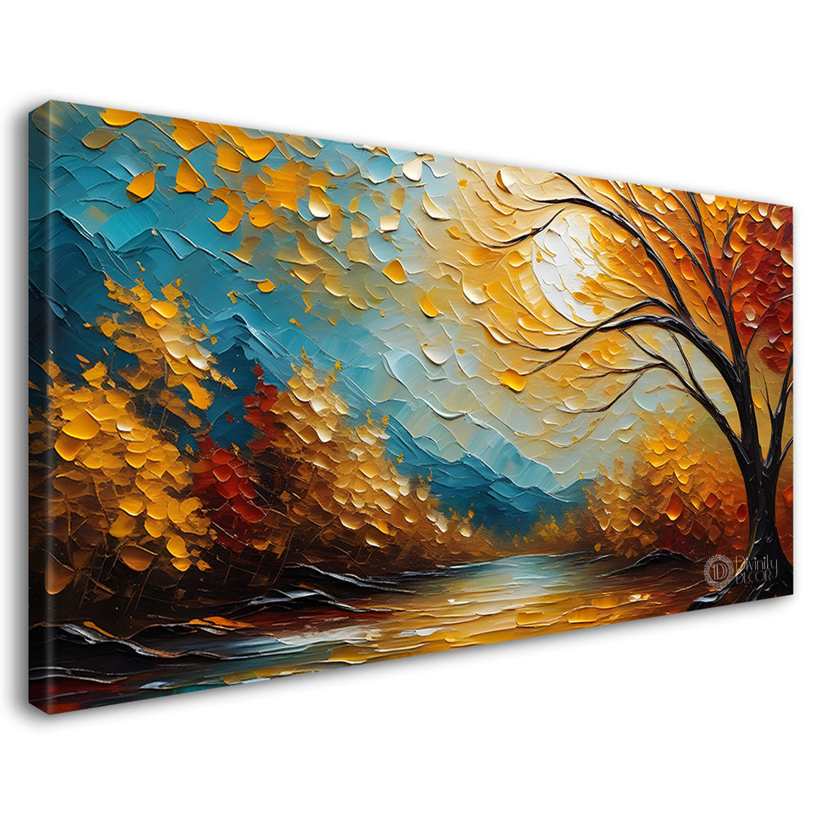 Orange trees with sun and lake painting Canvas Painting - Nature Art -622