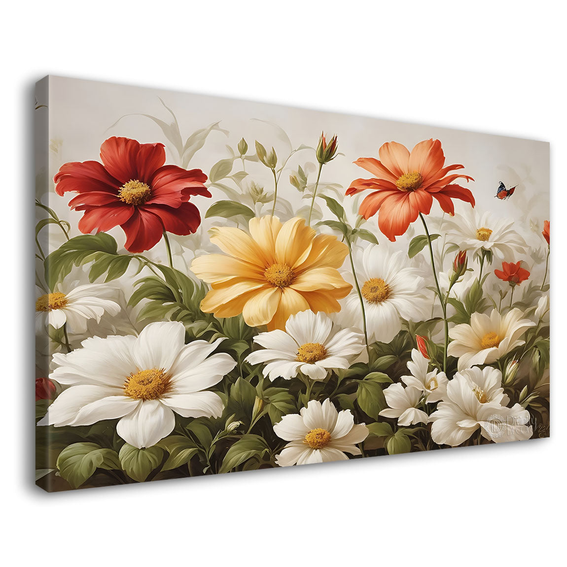 White and red flowers in light background canvas painting- Flower-623