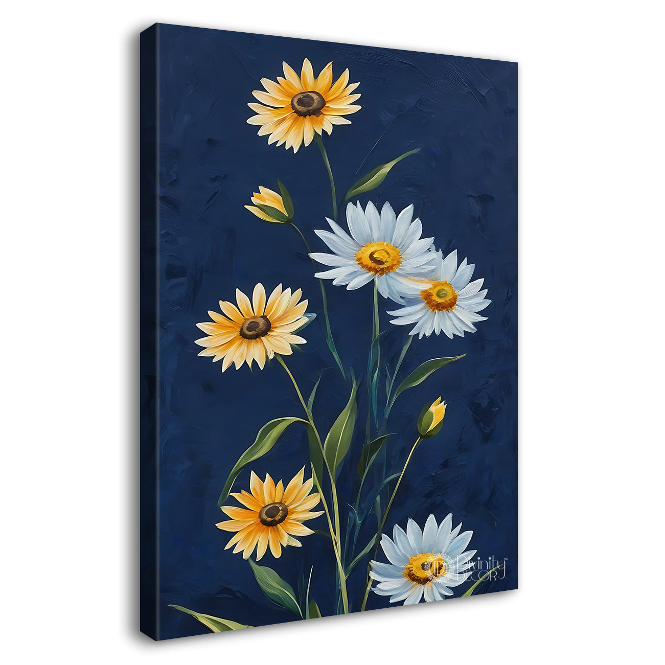 White and yellow flowers in blue textured painting - Flower-V-623