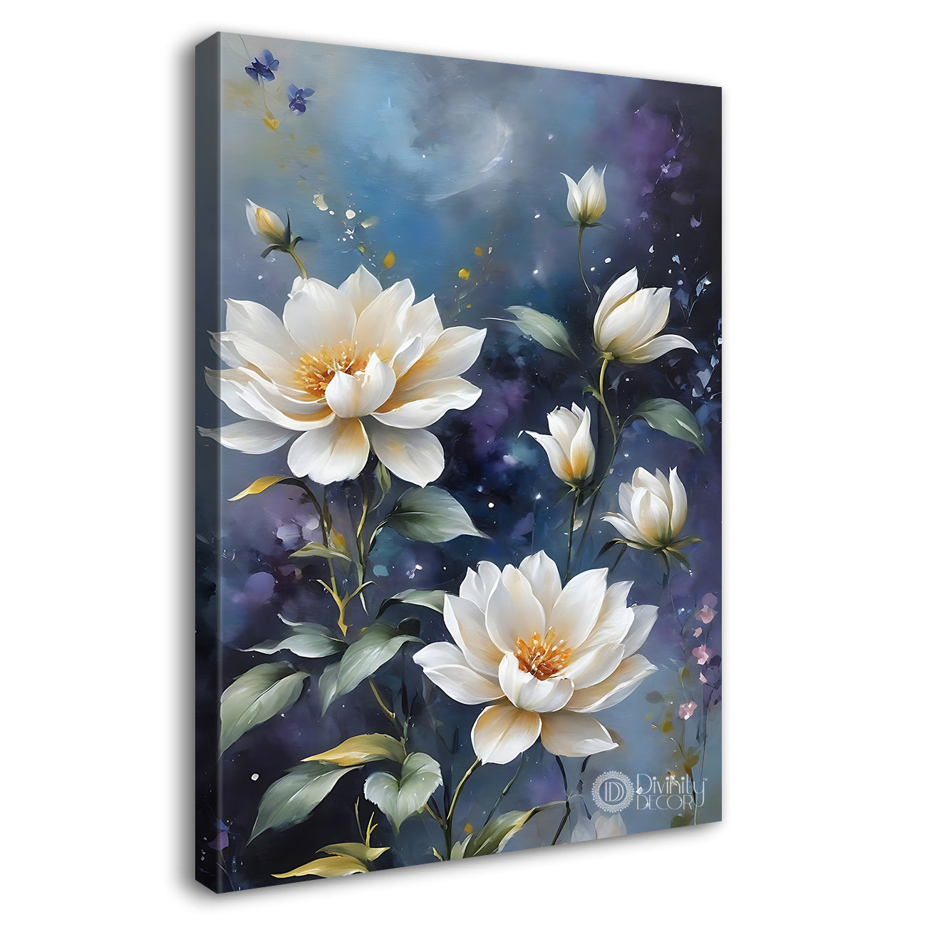 White flowers in blue textured painting - Flower-V-624