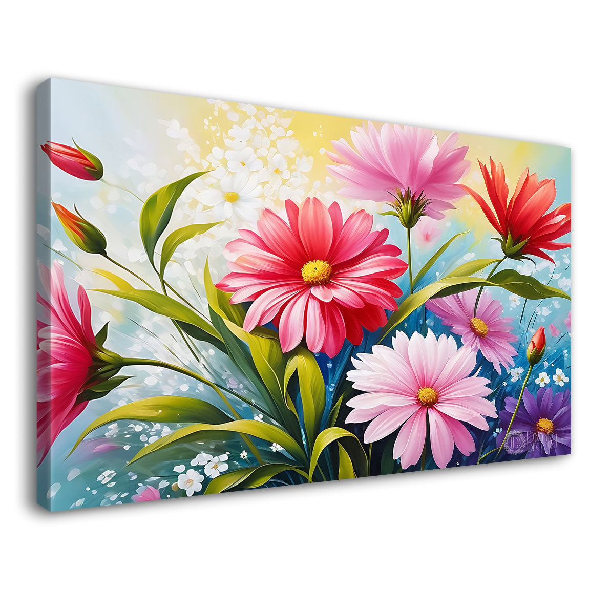 Pink flowers in sky blue background canvas painting- Flower-625