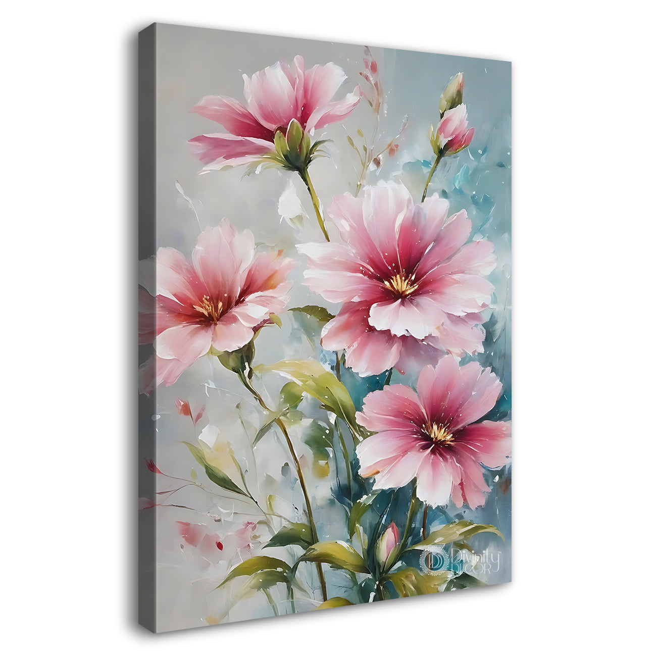 Pink flowers in blue textured background painting- Flower-V-625