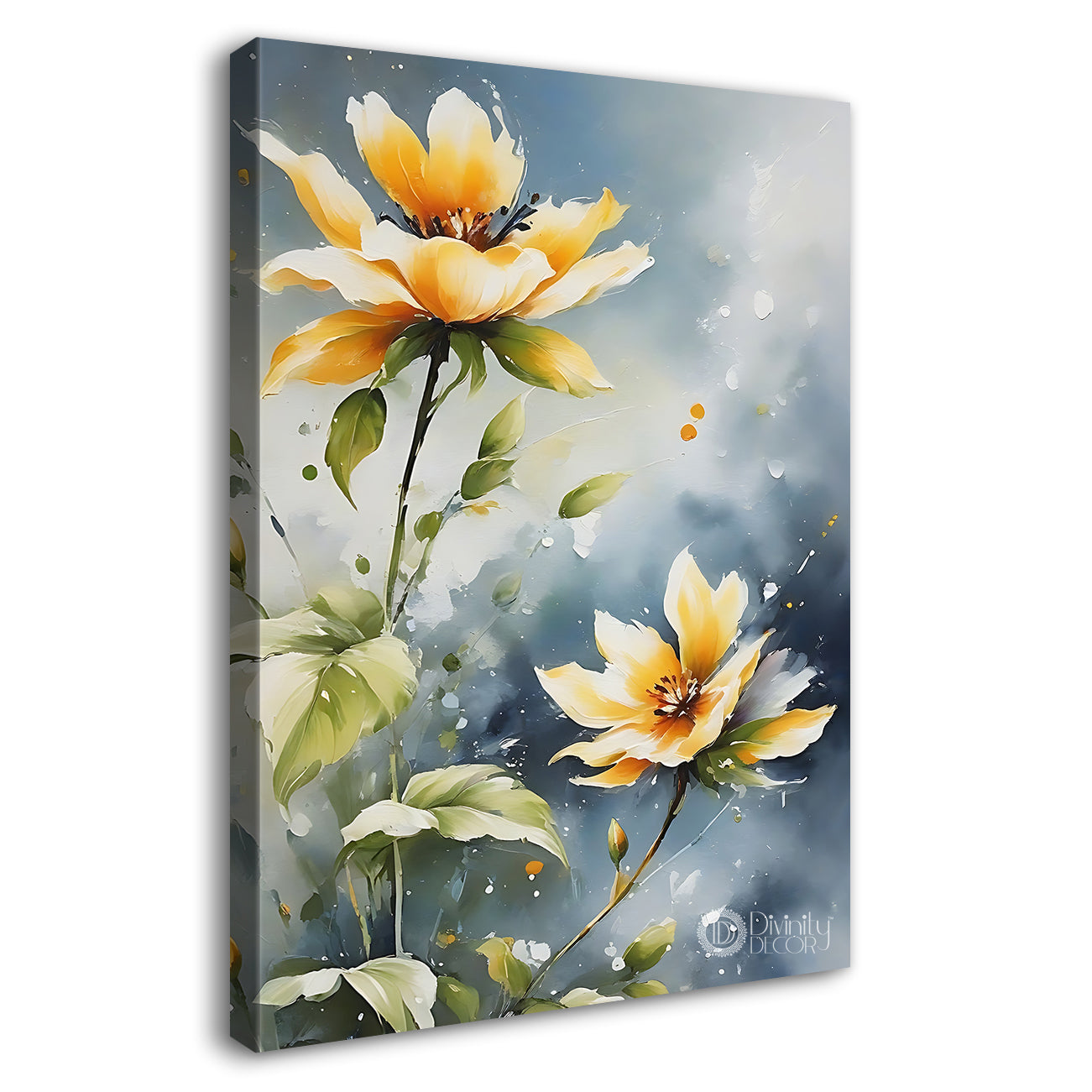 Yellow flowers in blue textured background painting- Flower-V-626
