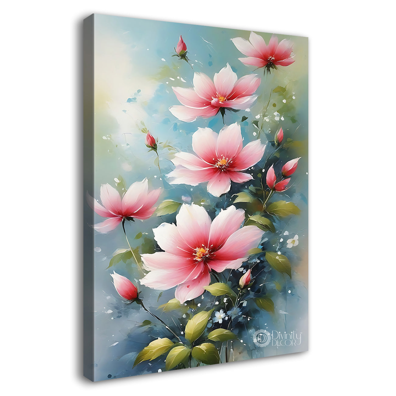 Pink flowers in blue textured background painting- Flower-V-627