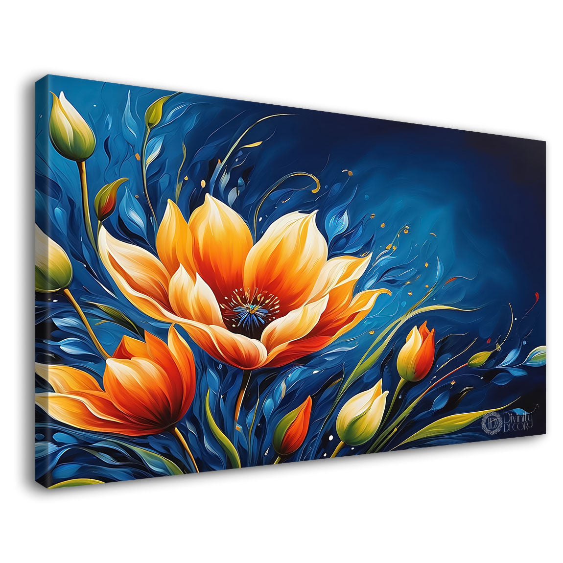 Orange flowers in navy blue background canvas painting- Flower-628