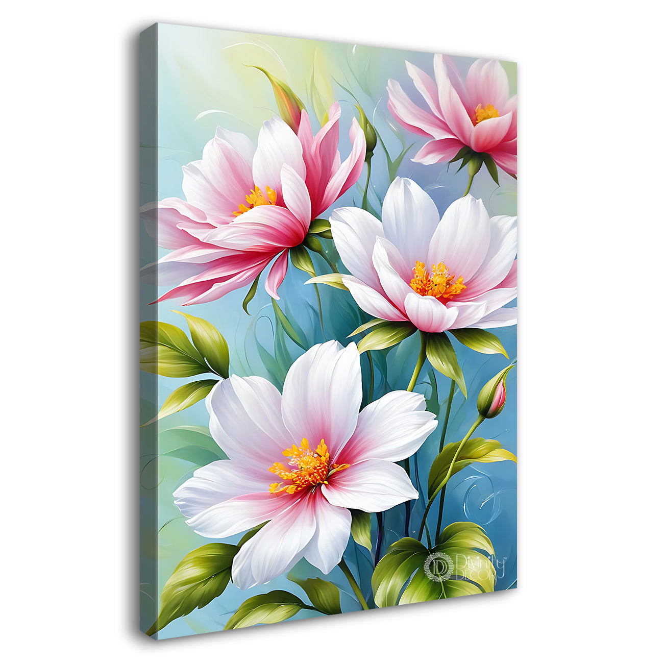 Pink flowers in blue textured background painting- Flower-V-628