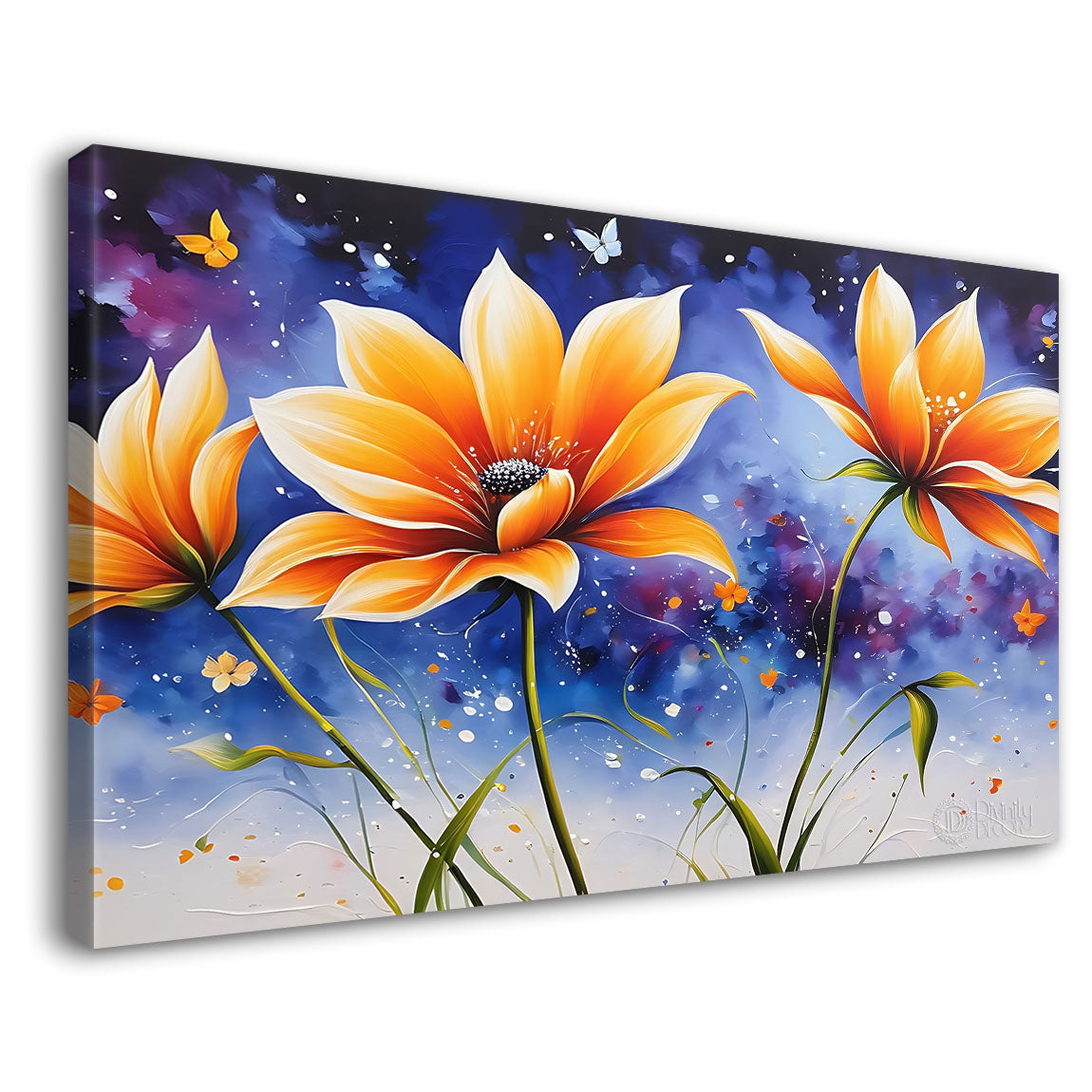 Orange flowers in blue background canvas painting- Flower-629