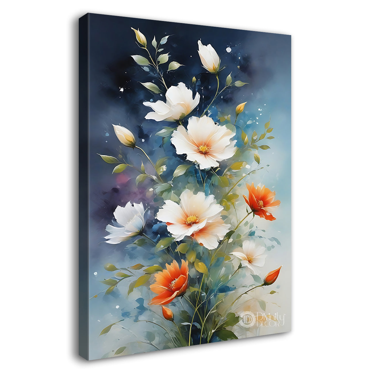White and orange flowers in blue textured painting- Flower-V-629