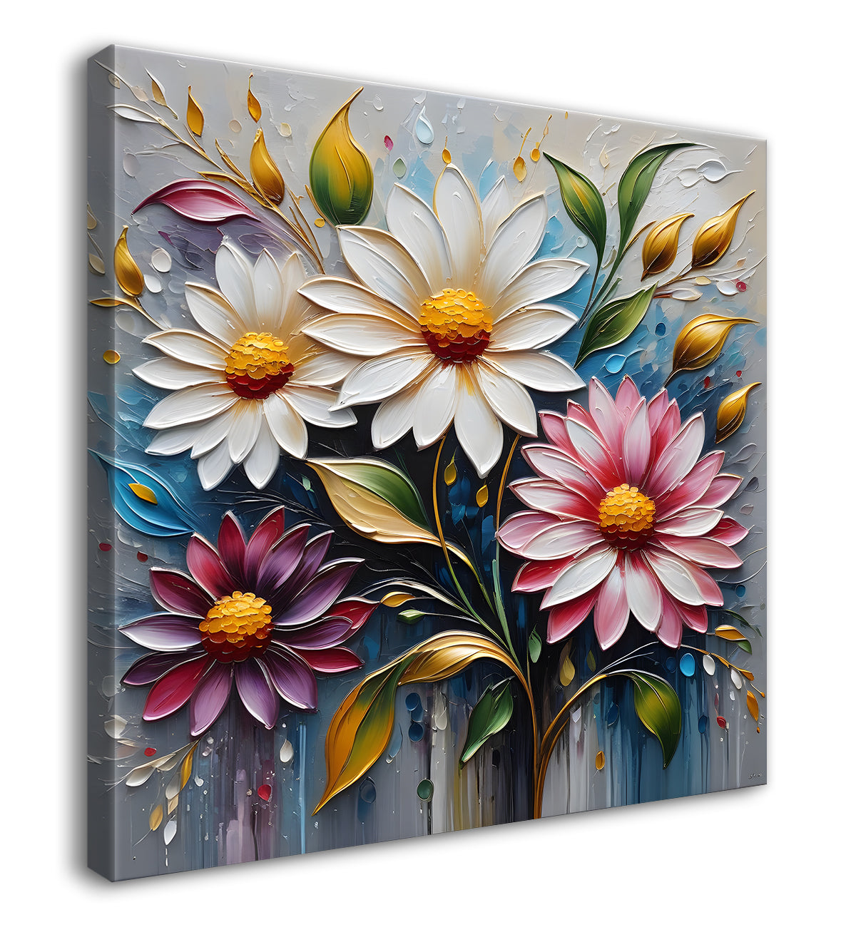Colourful flowers in grey background textured painting - Flower-S-62