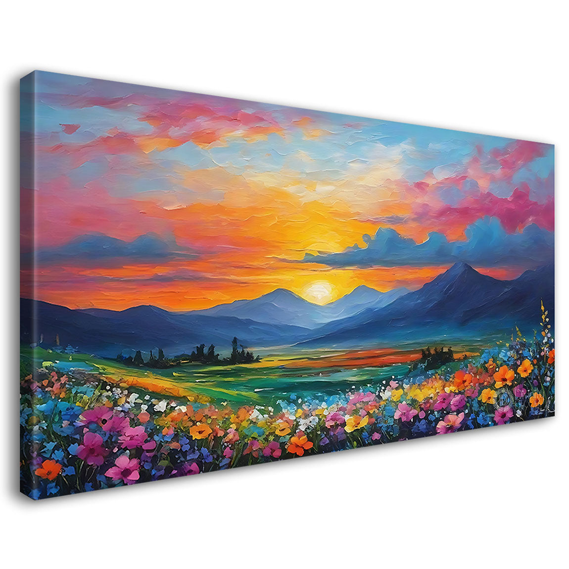 Mountains with colorful flower field in textured natural art Canvas Painting - Nature Art -62