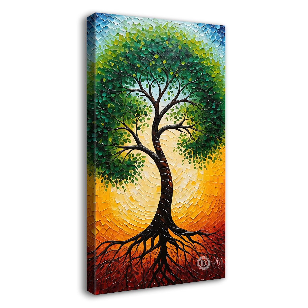 Green Tree in front of sun with bright textured oil painting Canvas painting - Tree-V-62