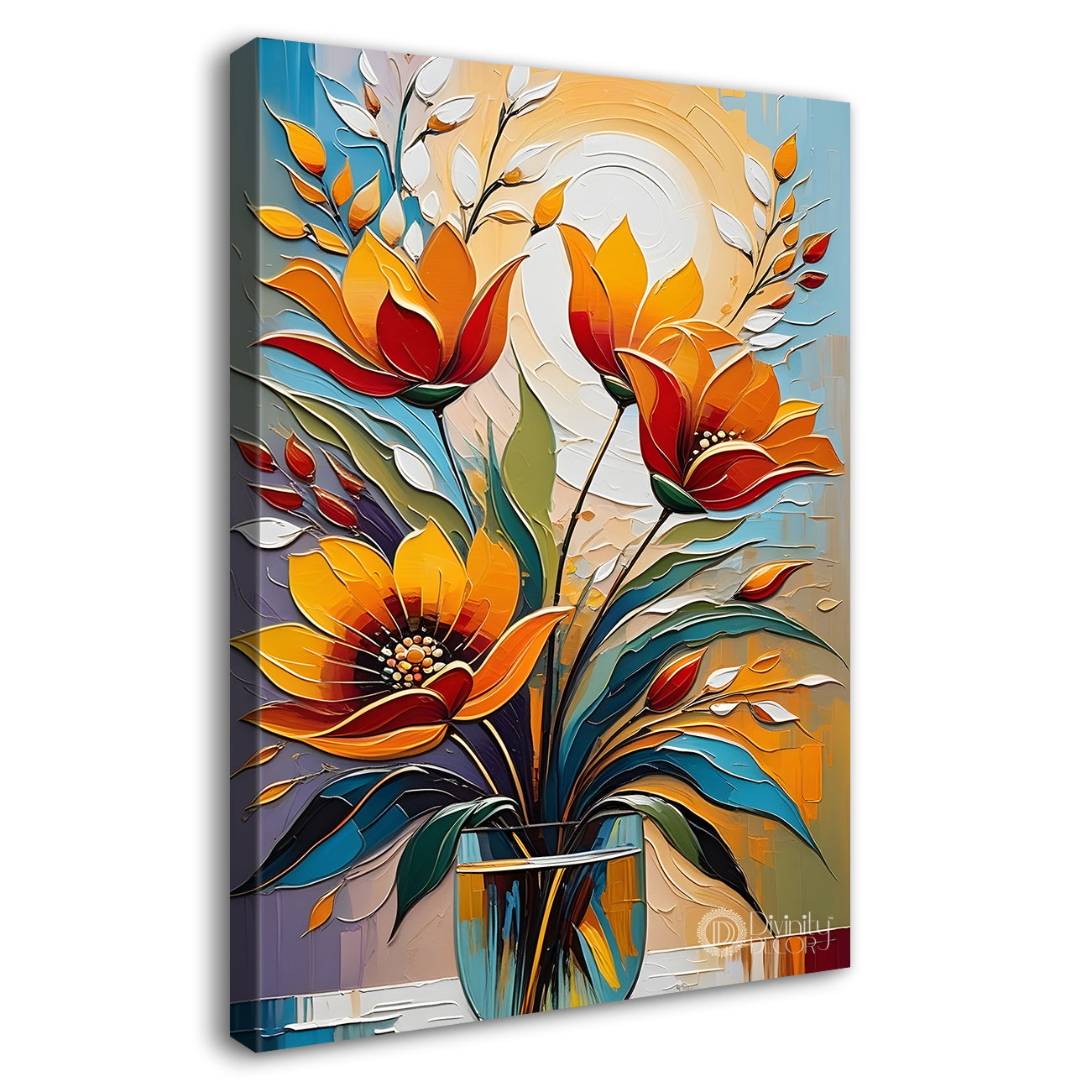 Orange flowers in blue textured background painting - Flower-V-62