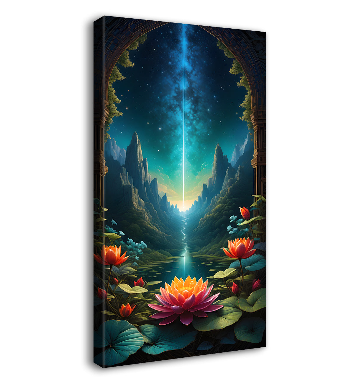 Mountains with flowers and lake in night backgroung textued painting Canvas Painting - Nature Art -V-62